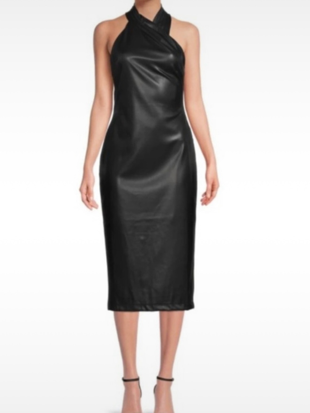 RACHEL Rachel Roy Black Faux Leather Halter Midi Dress